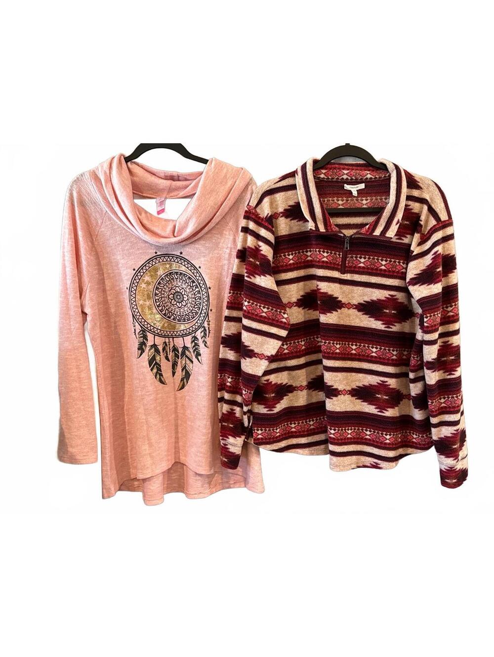 Lot of 2 Women's XXL Long Sleeve Tops - Pink Dreamcatcher & Burgundy Patterned F